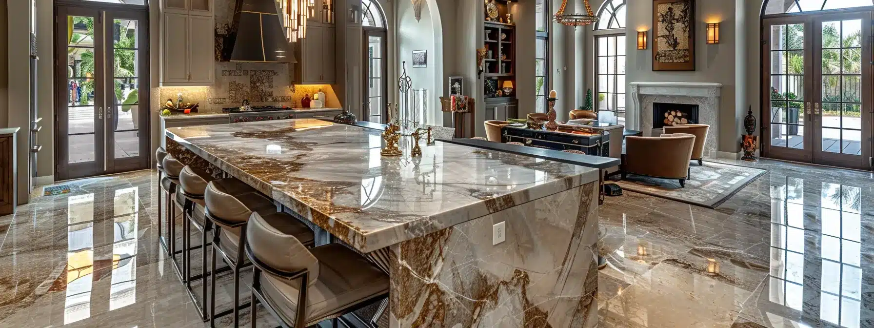 a stunning marble kitchen island in a luxurious custom home.